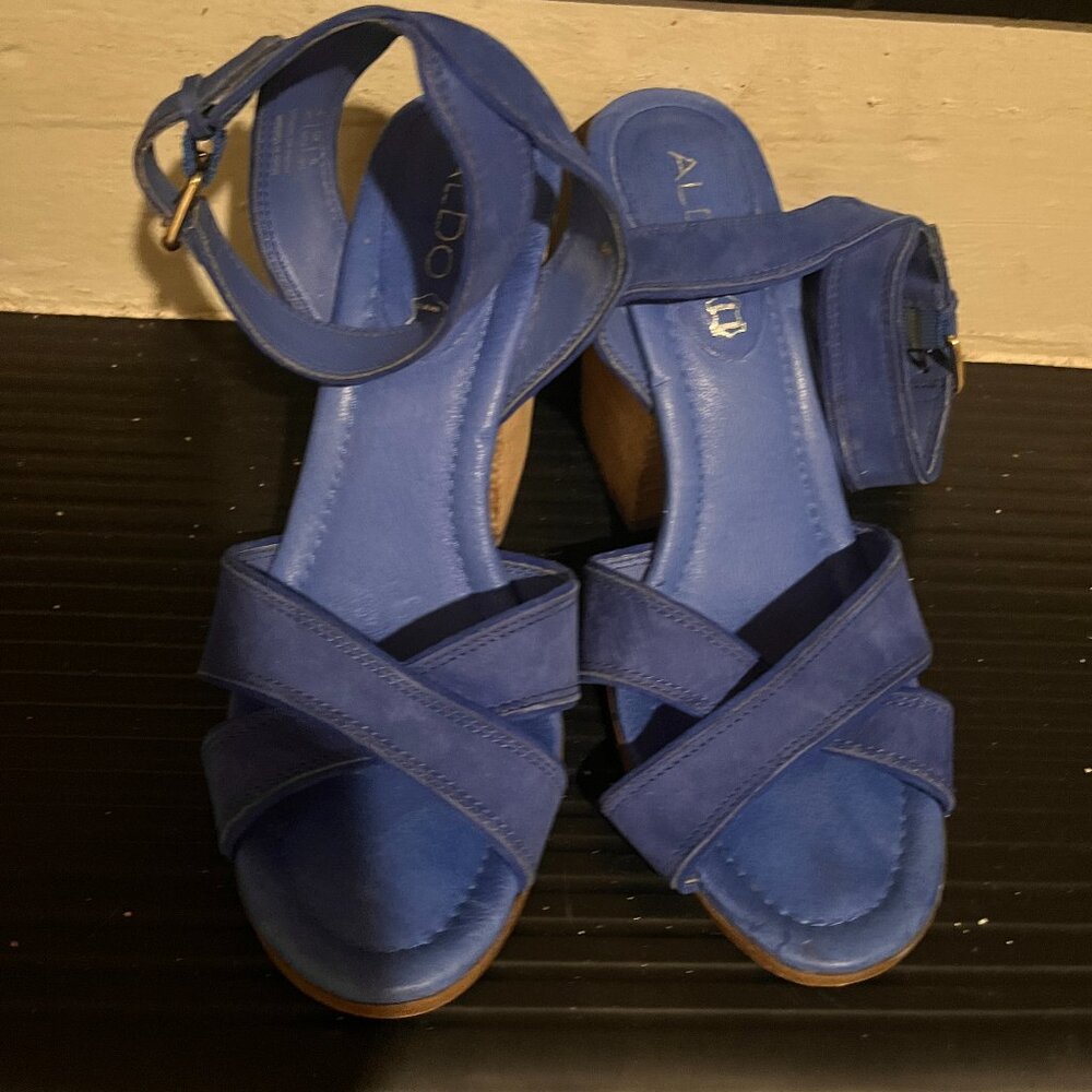 Denim blue suede stacked heels